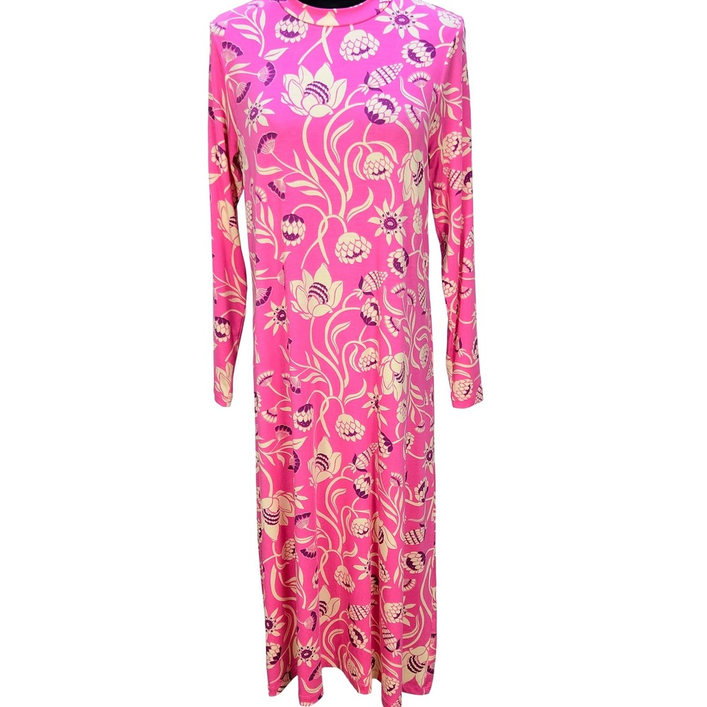 Women's Gudrun Sjödén Small Pink Floral Lyocell Mock Neck Midi Dress